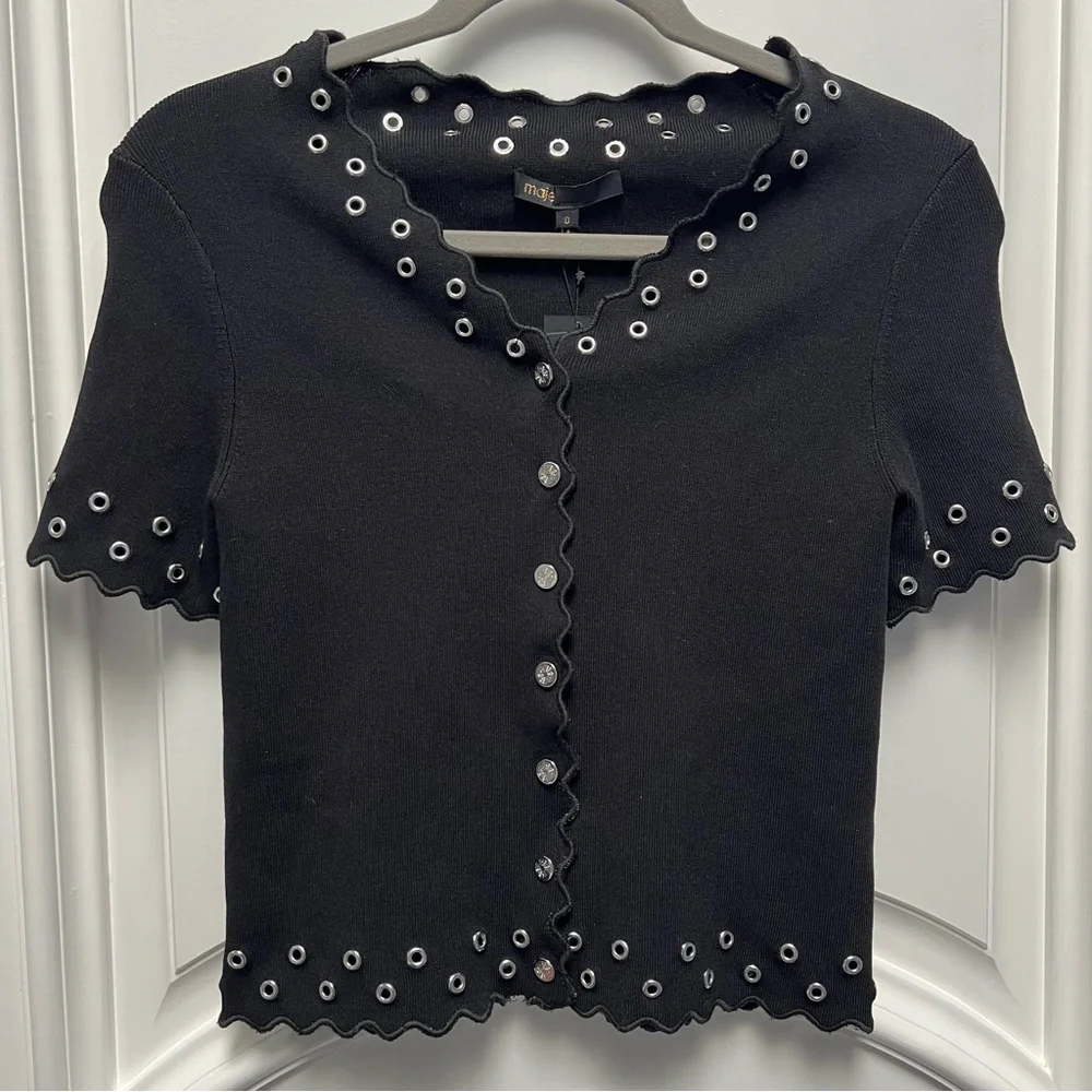 Maje Moleillety Grommet/Eyelet Cardigan w/ small unraveled bottom section - Picture 5 of 11